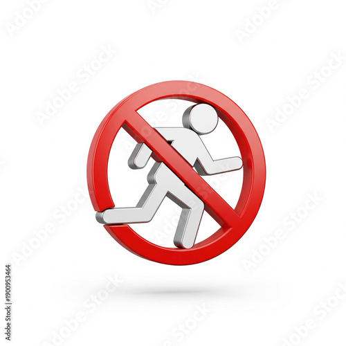 running figure crossed out, modern 3D safety icon, isolated white background