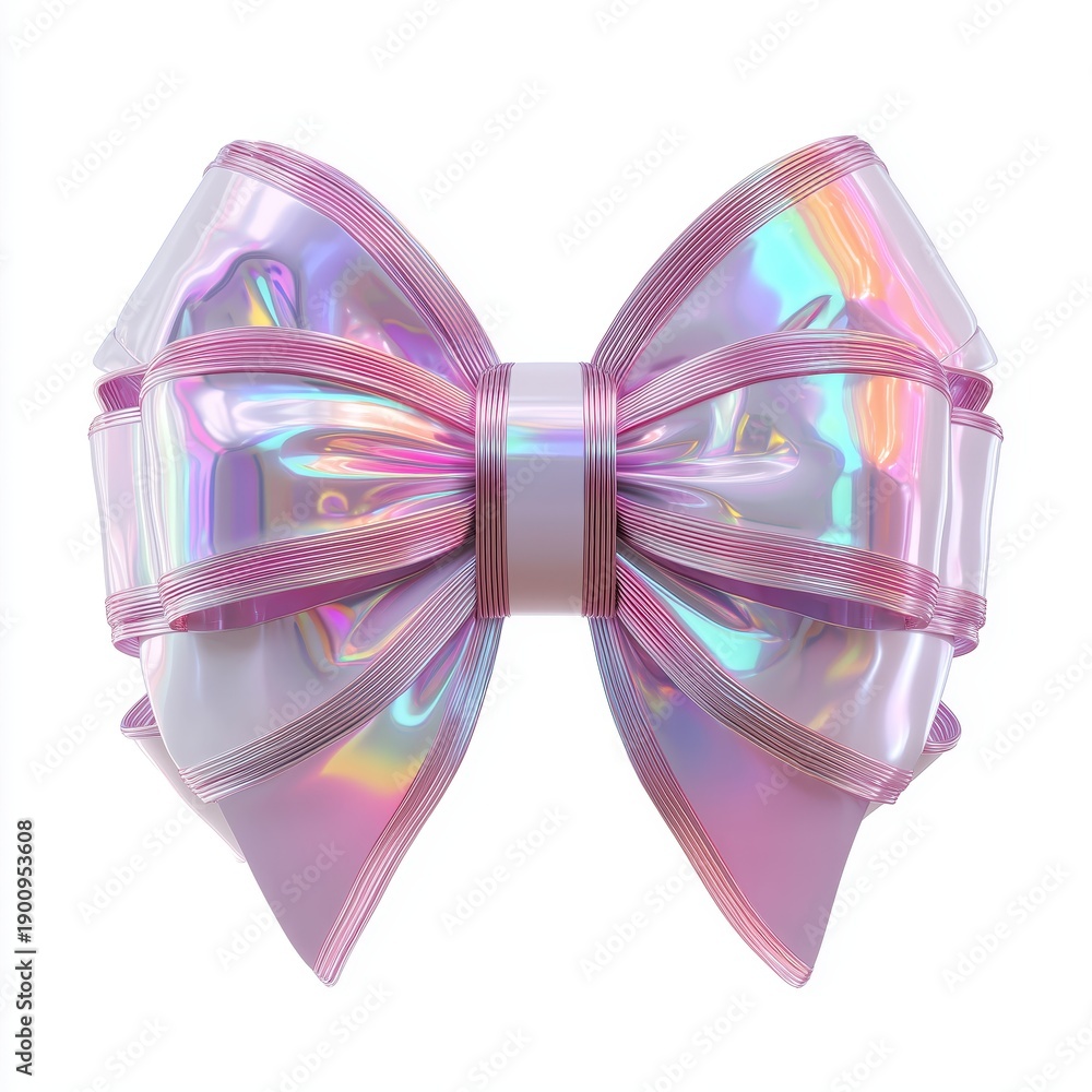 Fototapeta premium A vibrant and shiny pink ribbon bow featuring iridescent and holographic textures, isolated on a white background. Generative AI.
