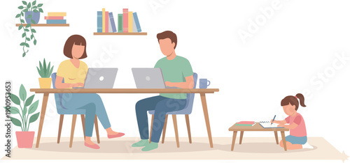 A family of three, a man, woman, and child, sitting comfortably on a green sofa in a cozy living room setting with a plant and books on a side table.