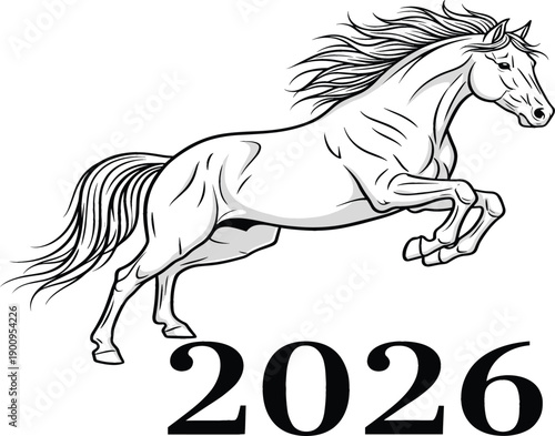 Elegant black and white line art illustration of a powerful jumping horse with 2026 text for calendar and equestrian sports designs.
