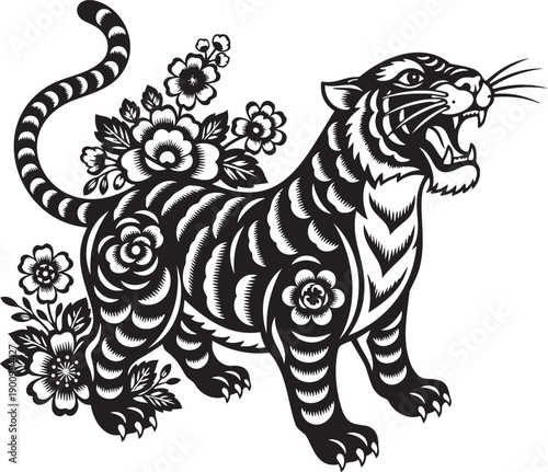 Traditional Chinese Paper Cut Tiger with Flowers