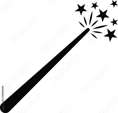 Black magic wand with sparkling stars on white background sparkle fantasy