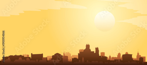 Golden yellow panoramic poster of the city skyline with misty background buildings and clouds of MADRID, SPAIN