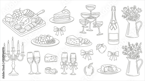 Chalk Style Wedding Food Icons. Hand-drawn wine, cheese, and charcuterie sketches for menus and invitations