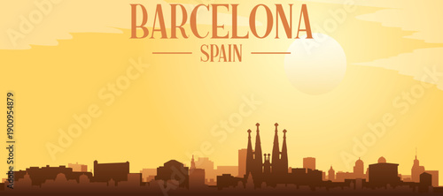 Golden yellow panoramic poster of the city skyline with misty background buildings and clouds of BARCELONA, SPAIN