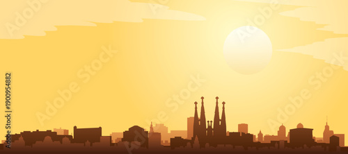 Golden yellow panoramic poster of the city skyline with misty background buildings and clouds of BARCELONA, SPAIN