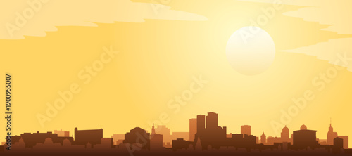 Golden yellow panoramic poster of the city skyline with misty background buildings and clouds of ROTTERDAM, NETHERLANDS