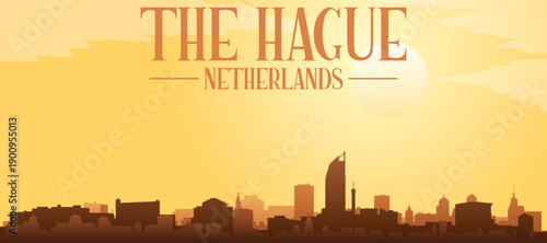 Golden yellow panoramic poster of the city skyline with misty background buildings and clouds of THE HAGUE, NETHERLANDS