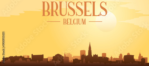 Golden yellow panoramic poster of the city skyline with misty background buildings and clouds of BRUSSELS, BELGIUM