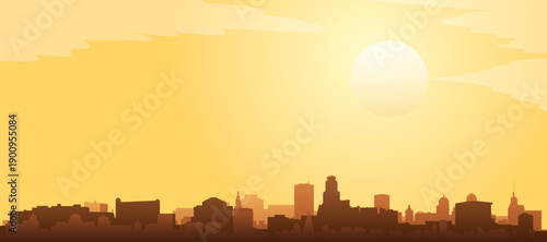 Golden yellow panoramic poster of the city skyline with misty background buildings and clouds of ANTWERP, BELGIUM