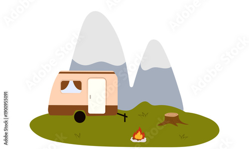 Flat vector illustration of camping outdoors. Mountains, campfire, tent, nature, camper, trees, coffee, backpack, guitar, kettle, boiler, tea, silence, calm, peace, marshmallows on fire