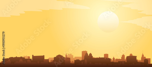 Golden yellow panoramic poster of the city skyline with misty background buildings and clouds of ZURICH, SWITZERLAND