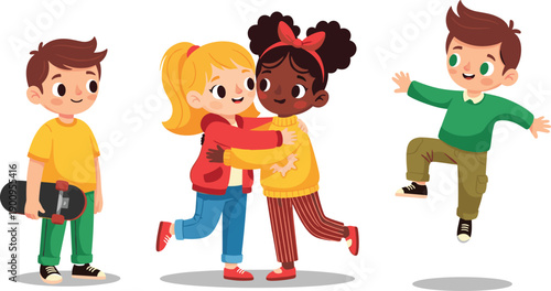 Cheerful cartoon children playing together with skateboard, hugging friends, joyful jumping boy, diverse kids illustration celebrating friendship, happiness, fun activities