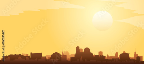 Golden yellow panoramic poster of the city skyline with misty background buildings and clouds of SOFIA, BULGARIA
