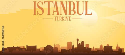 Golden yellow panoramic poster of the city skyline with misty background buildings and clouds of ISTANBUL, TURKEY