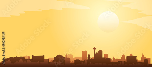 Golden yellow panoramic poster of the city skyline with misty background buildings and clouds of ISTANBUL, TURKEY