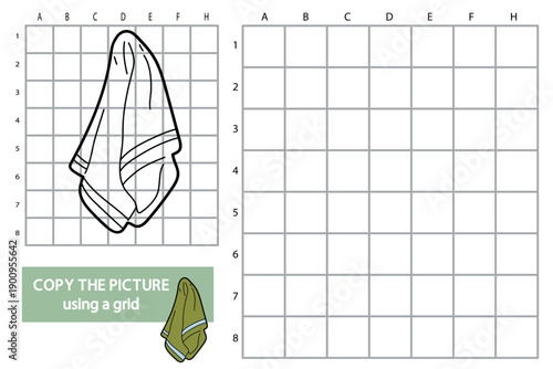 Kids worksheet with a towel. Copy the picture using a grid activity for children. Black and white line art with empty grid for drawing practice, learning, education and fine motor skills.