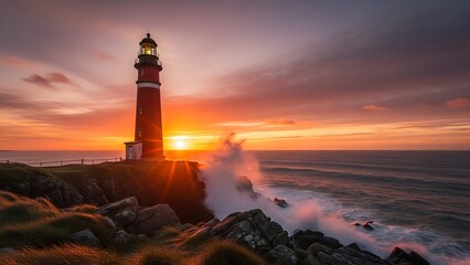 Crédence de cuisine Pantone 2025 Mocha Mousse Spectacular lighthouse silhouetted against vibrant sunset waves  © Armin
