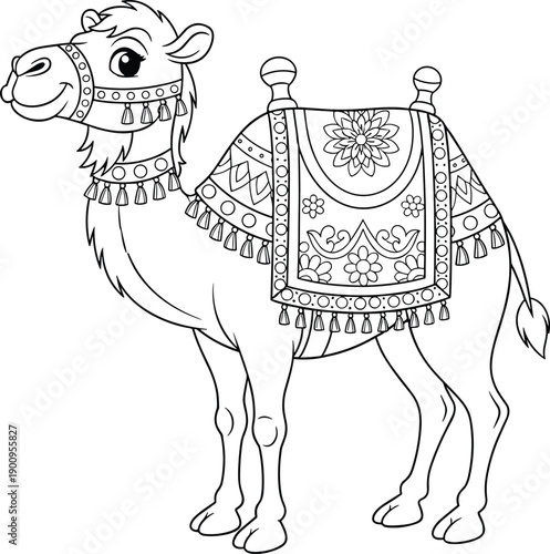Decorative camel standing with ornate saddle cloth, tassels, harness, cultural vector illustration for coloring, wildlife, travel, and traditional design.