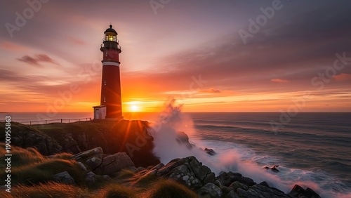 Spectacular lighthouse silhouetted against vibrant sunset waves