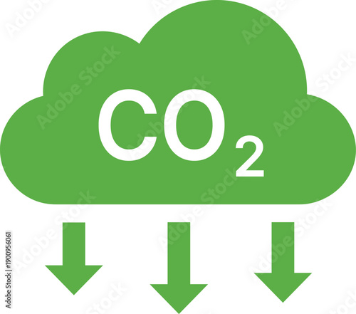 Green CO2 cloud symbol with three downward pointing arrows carbon dioxide