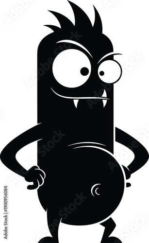 Playful cartoon monster character silhouette with blue outline, round belly, spiky hair, fangs, humorous vector illustration for whimsical design