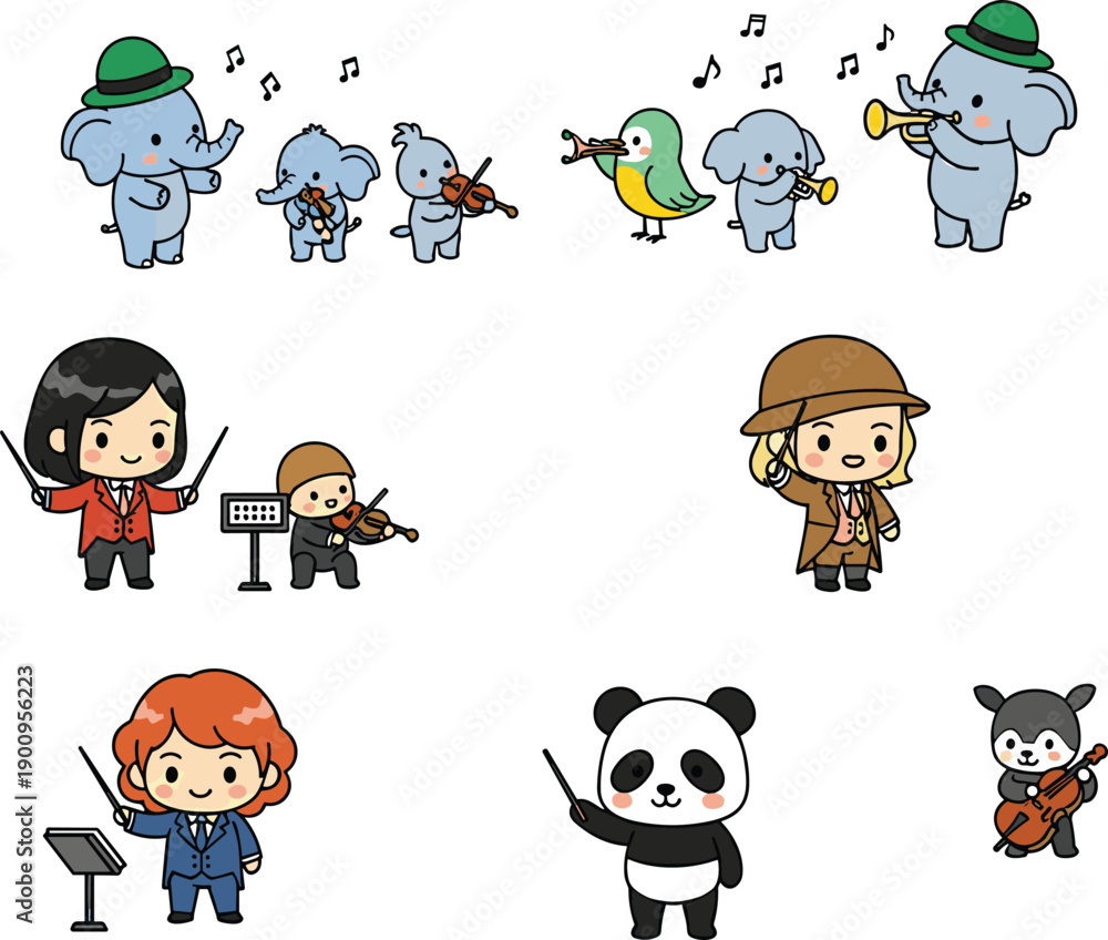 Obraz premium Whimsical orchestra of animals and humans performing music together with instruments, conductors, and notes in playful cartoon vector illustration