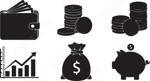 Finance line icons set. Money payments elements outline icons collection. Payments elements symbols. Currency, money, bank, cryptocurrency, check, wallet, piggy, balance, safe - stock vector.