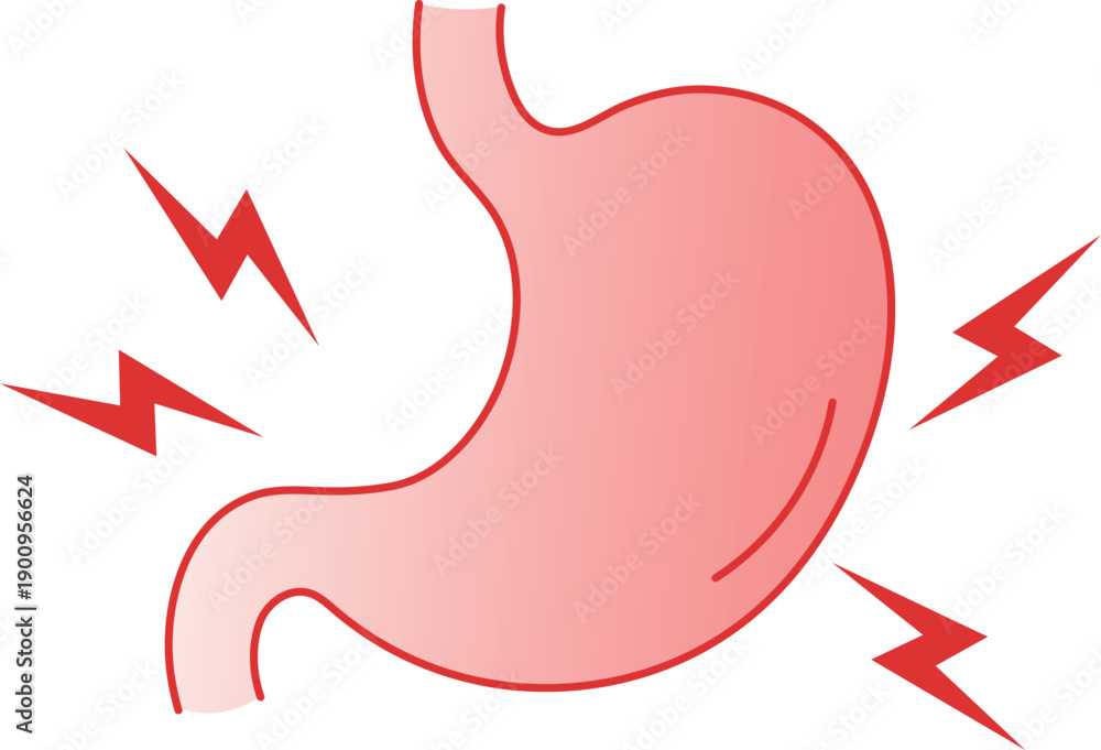 Fototapeta premium Red lightning bolts striking a pink stomach organ pain ache discomfort