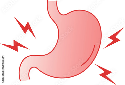 Red lightning bolts striking a pink stomach organ pain ache discomfort