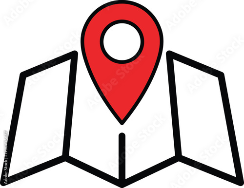 Red map pin on unfolded map with black outlines and white background location marker navigation