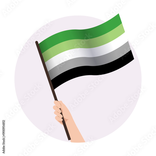 Hand holding waving aromantic pride flag. Support vector illustration