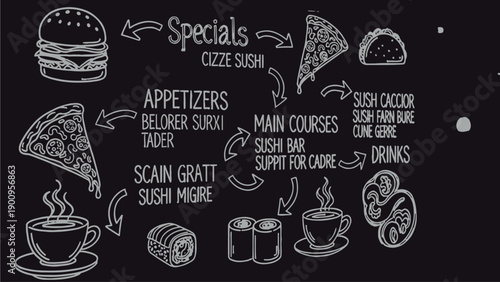 Restaurant menu icon collection. Includes specials, appetizers, main courses, sushi, drinks. Created in line style with white and black palette.