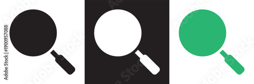 Search icon set with magnifying glass symbols. Minimal vector illustration showing search and check icons with magnifying glass in black, white, and green,  web search and verification.EPS10/AI.