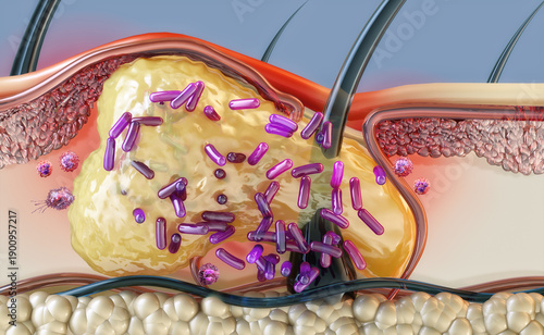 Photos Cutibacterium acnes bacteria proliferating in a human hair follicle with sebum accumulation and immune cell infiltration