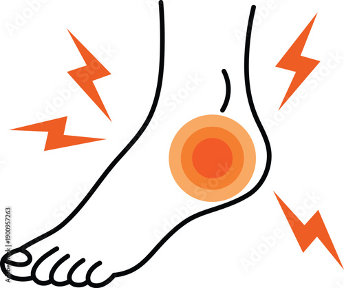 Stylized of foot pain with orange lightning bolts and concentric circles ankle pain joint pain