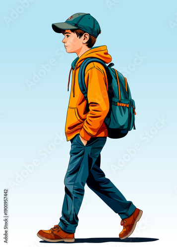 065-38-Young student walking forward, wearing a yellow hoodie and carrying a backpack