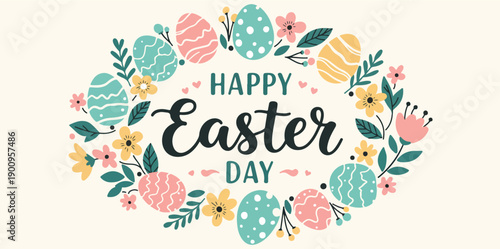 Happy easter day colorful floral wreath with eggs and leaves festive holiday greeting