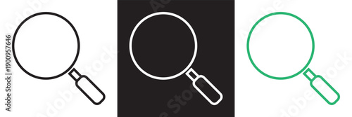 Search icon set with magnifying glass symbols. Minimal vector illustration showing search and check icons with magnifying glass in black, white, and green,  web search and verification.EPS10/AI.