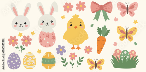 Easter decorations with bunnies chicks eggs flowers and butterflies