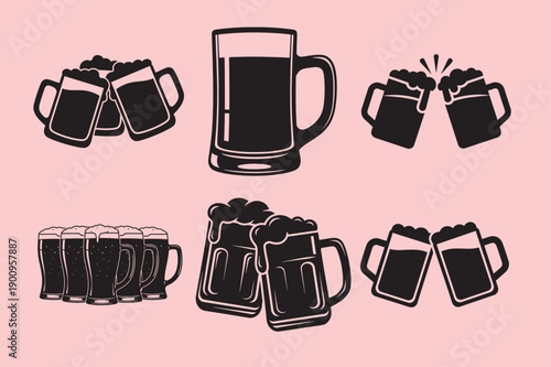 Set of Beer Mug Silhouette Icon Set – Clinking Beer Glasses Vector