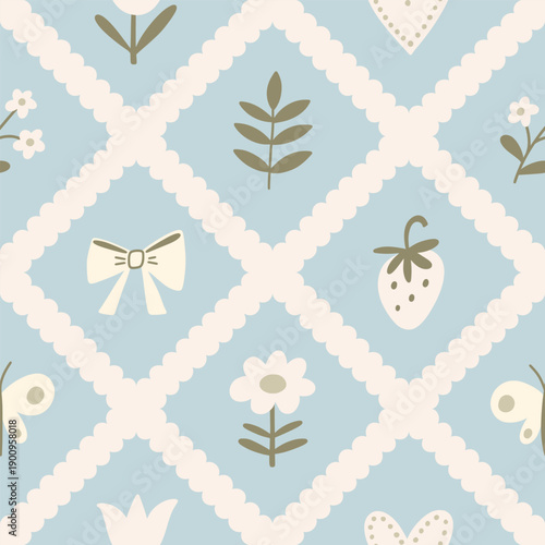 Cottage core lace lattice seamless pattern. Hand drawn cute nostalgic print with blue and green flowers, bows. Playful whimsical pattern for kitchen textile, blanket, tablecloth.