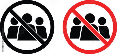 Two prohibition signs one black and one red showing groups of people no gathering social distancing