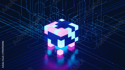 Abstract Isometric Data Cube with Glowing Cybernetic Circuit Connectivity