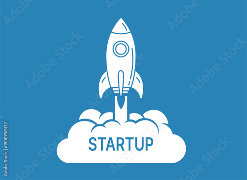 White rocket launching from cloud with startup text on blue background business technology