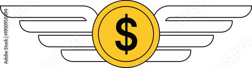 Yellow coin with dollar sign and black wings on white background money finance