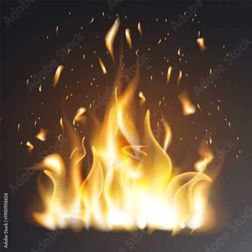 Burning flames of fire and sparks. Vector illustration