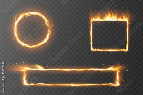 Set of fire frames in flames of sparks of light.