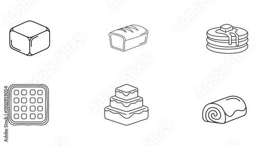 Variety of baked goods and breakfast items depicted in line art style
