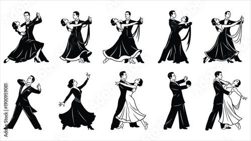 Elegant Ballroom Dance Silhouettes. Vector illustration of dancers in motion with dresses and tuxedos